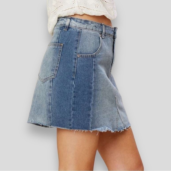4 for $40 SALE! Altar'd State Two Tone Raw Hem Denim Jean Mini Skirt, Size S - Picture 2 of 10